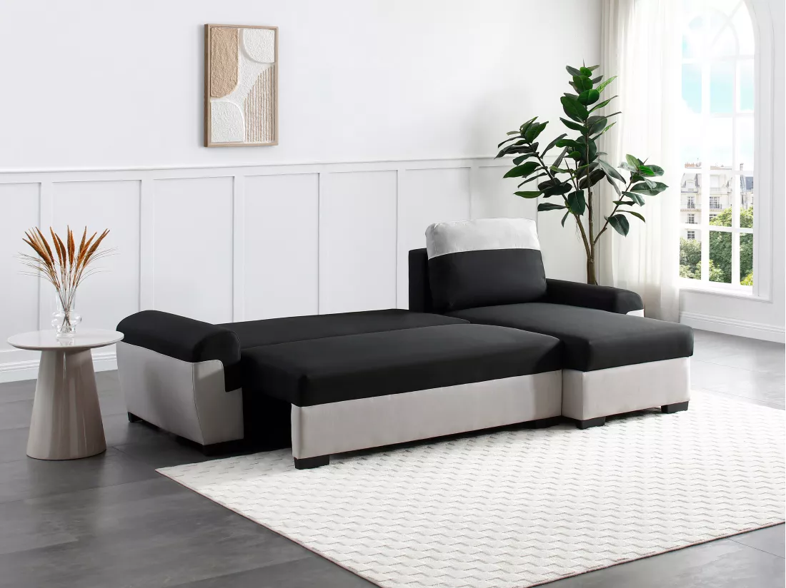 Canapé d'angle réversible et convertible en tissu noir et gris clair GABY II