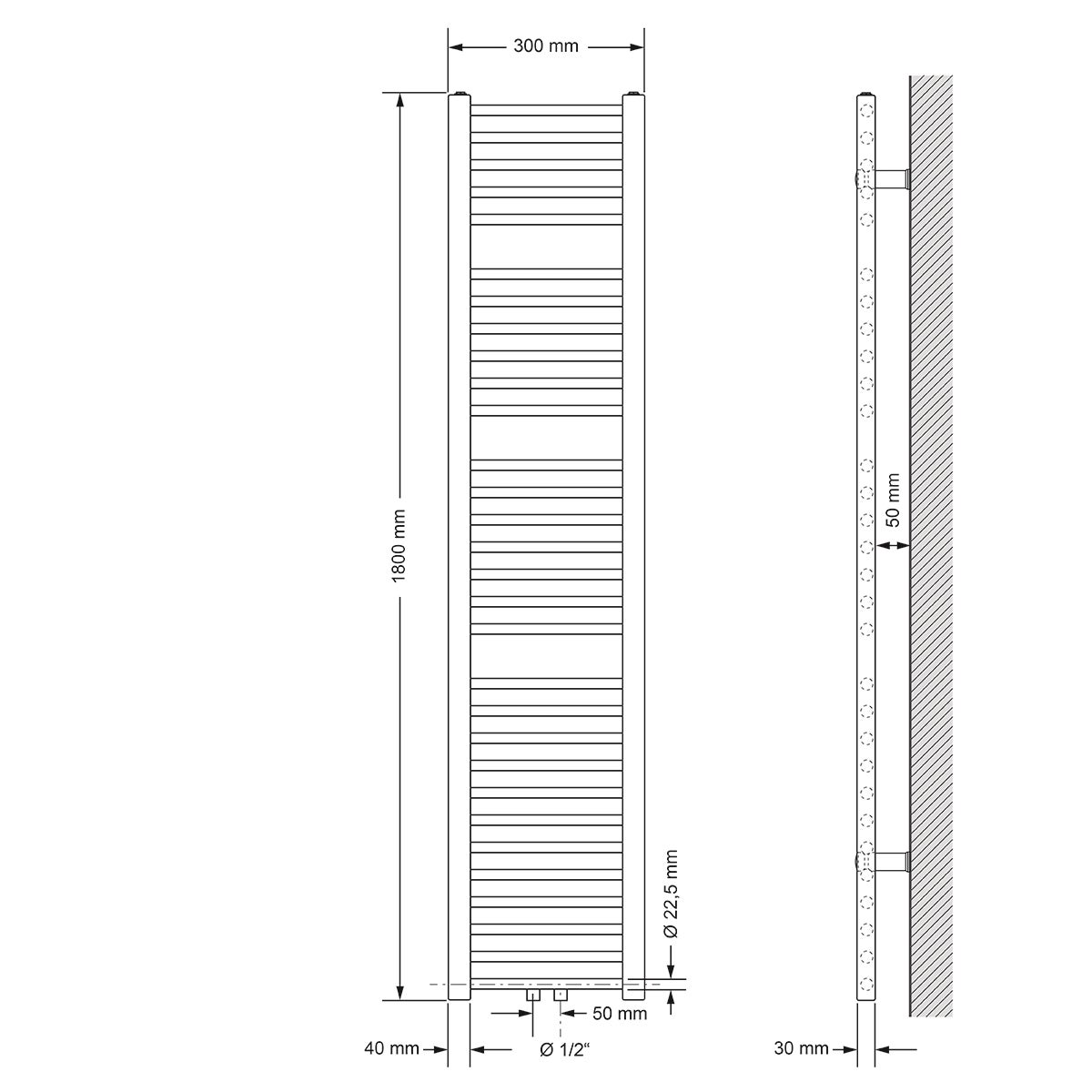 ECD Germany Badkamerradiator - 300 x 1800 mm - Wit - Recht met middenaansluiting - Radiator Handdoekverwarmer Handdoekdroger
