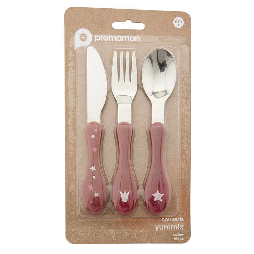 Set de 3 couverts en métal 2ème âge Yummix - Rose - Ecru