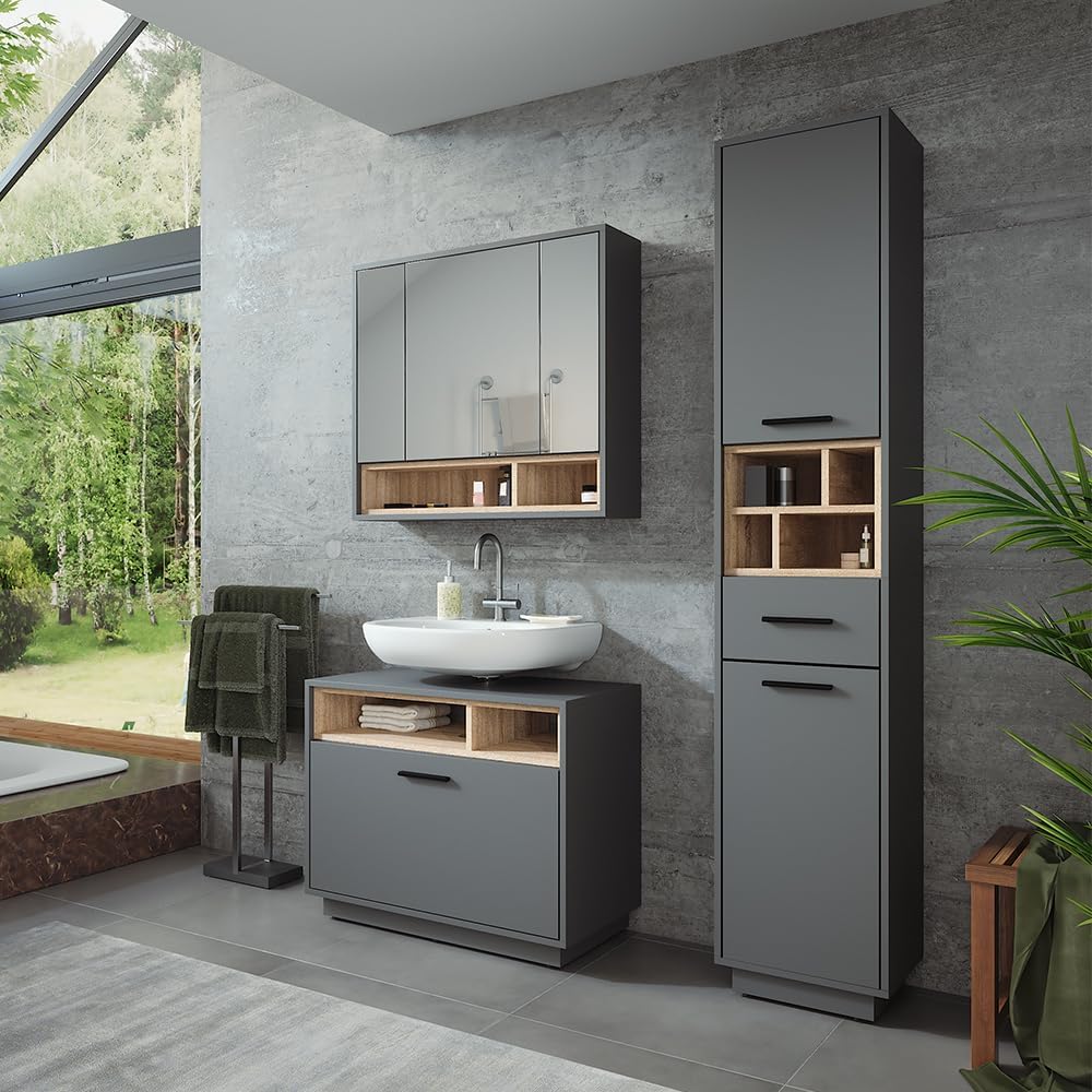 Vicco Badmöbel-Set Anthrazit/Sonoma Beatrice, bestehend aus Bad Spiegelschrank, Waschbeckenunterschrank, Hochschrank - Harmonische Kombination für EIN stimmiges Bild