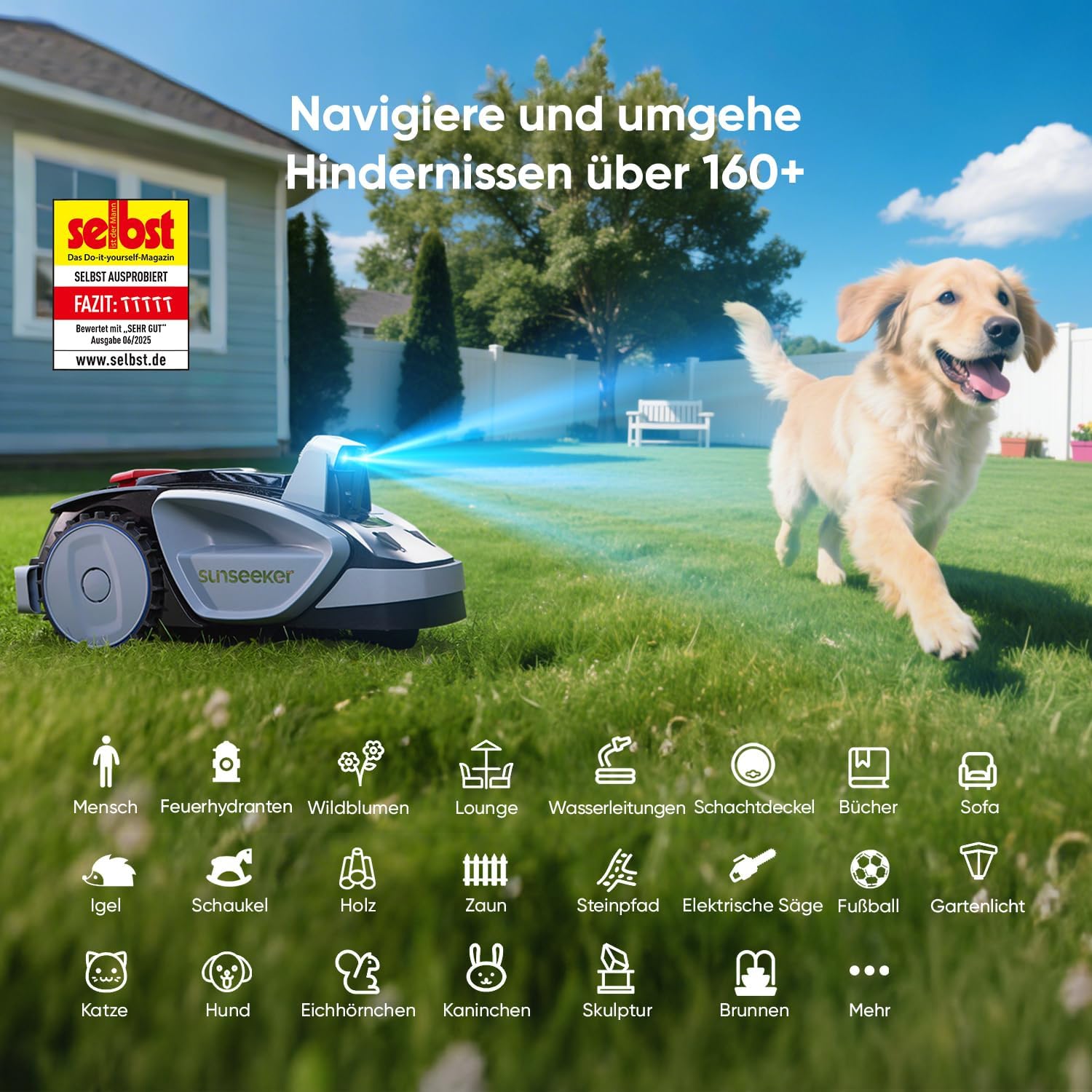 Sunseeker V3 Mähroboter ohne Begrenzungskabel 600 m², Vision AI Doppel-Auge, 42% Steigung, App-Steuerung, Rasenmäher mit EIN-klick-Mähen