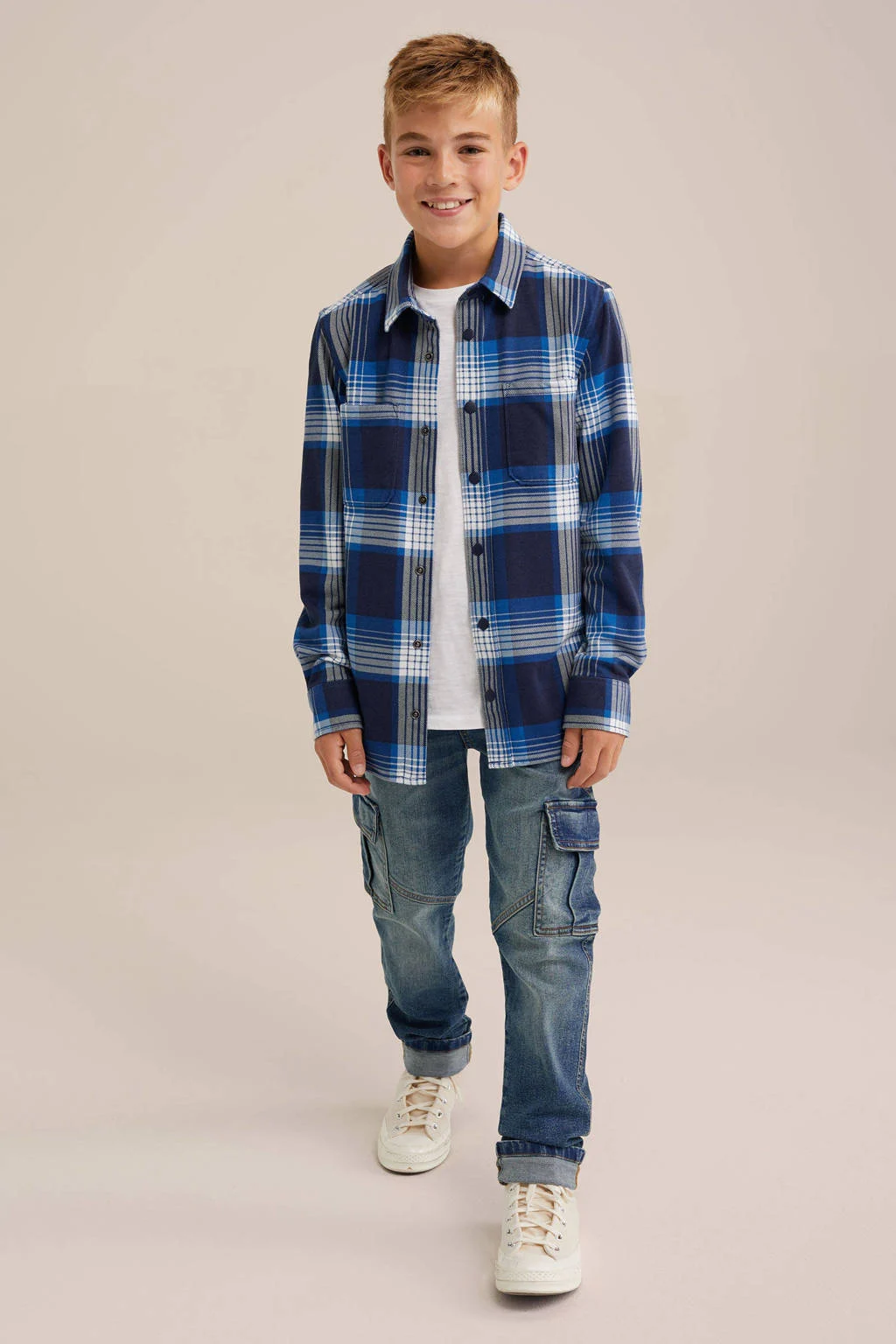 WE Fashion geruit overhemd donkerblauw/wit