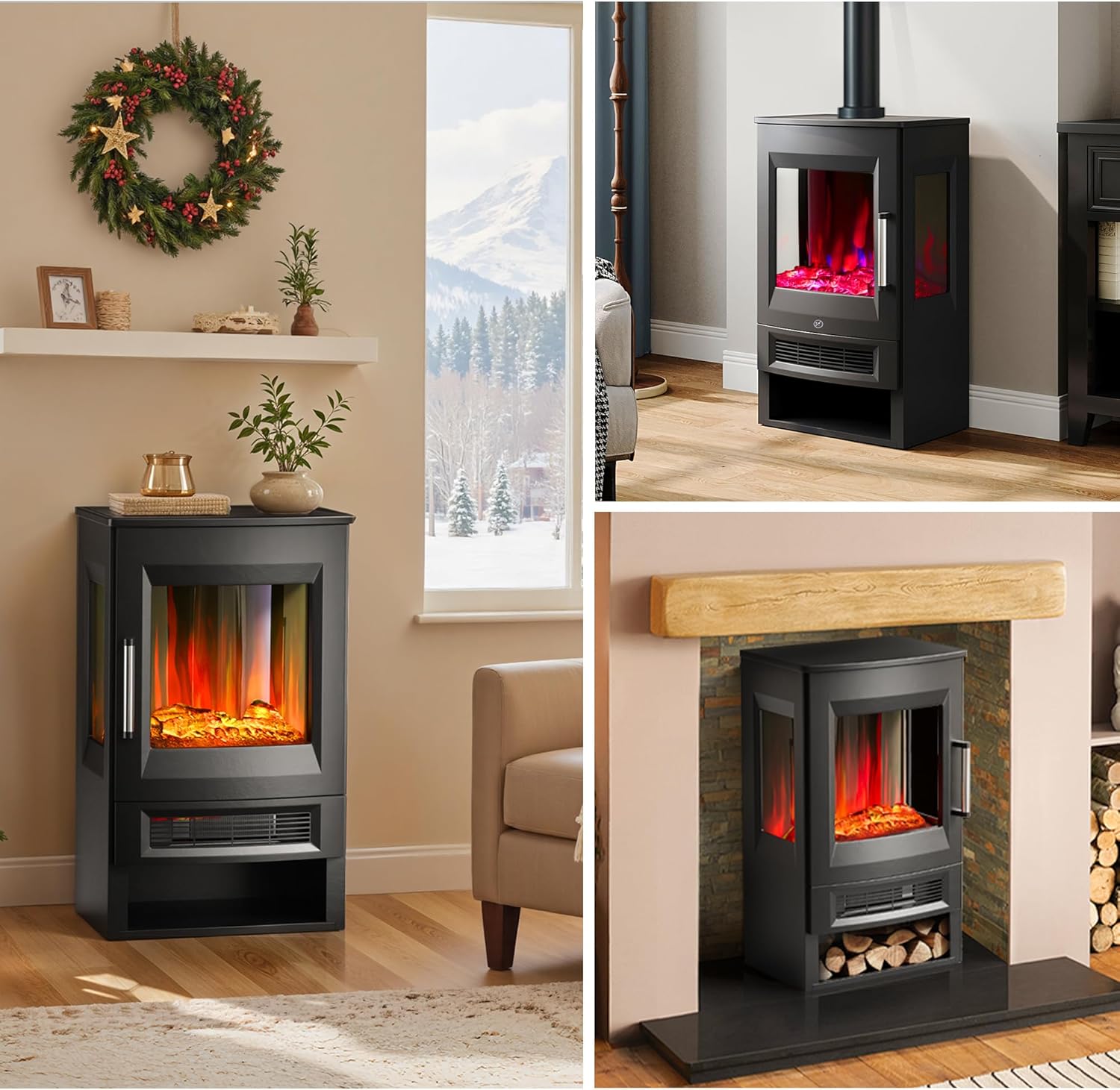 INMOZATA Elektrokamin mit Heizung Panorama-Sichtfenster Elektrischer Kamin mit 8 LED Flammeneffekt und Ember Bett Effekt, WiFi APP 900/1800W Kaminfeuer Elektrisch mit 45° Kippschutz & Thermostat