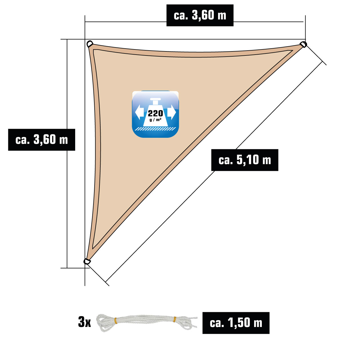 AMANKA 3,6 x 3,6 x 5,1 Luchtdoorlatend UV schaduwdoek - Beige