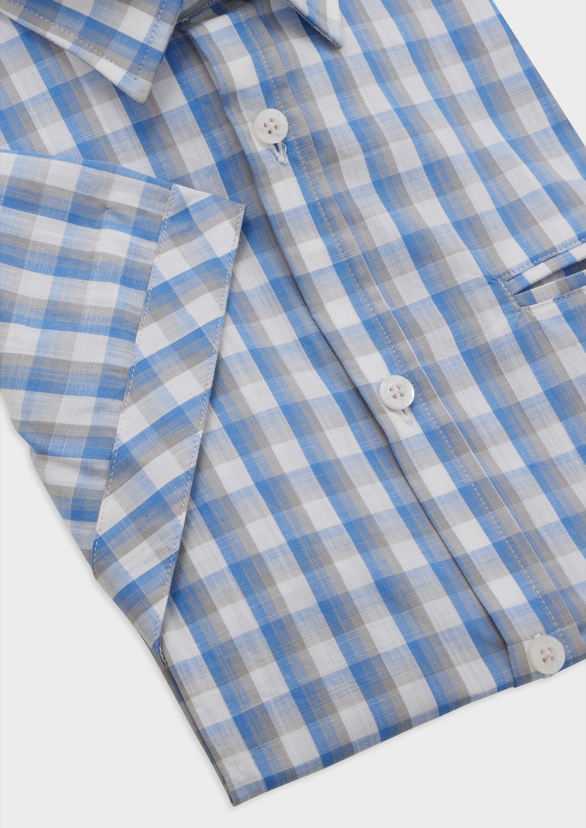 Chemise manches courtes Slim en popeline de coton bleu ciel à carreaux