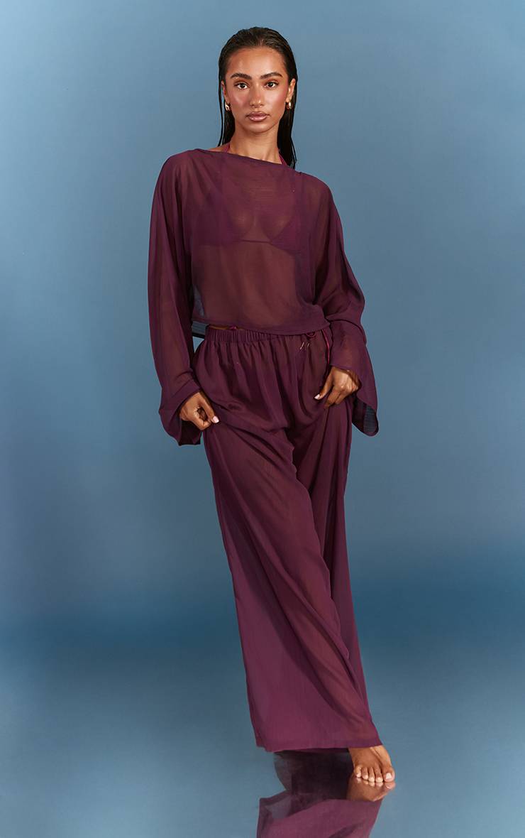 Violet Pantalon De Plage Large En Mousseline Texturée Prune