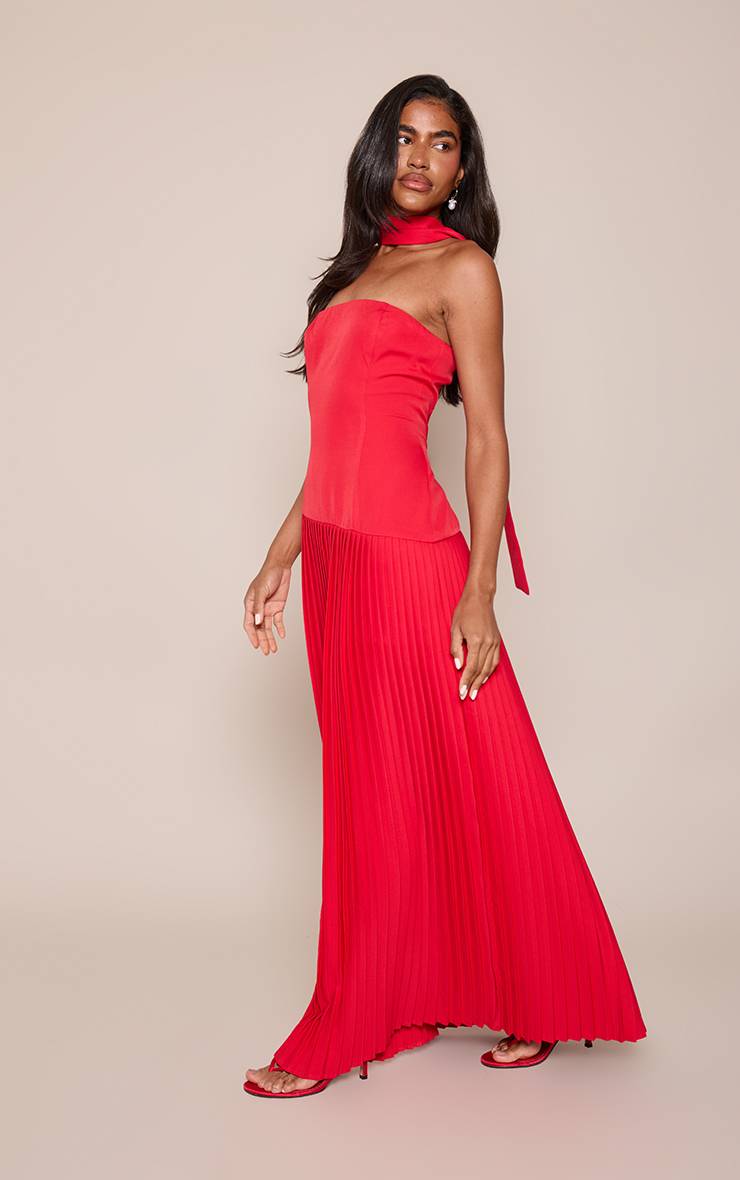 Rouge Robe Maxi Plissée Asymétrique En Tissu Tissé