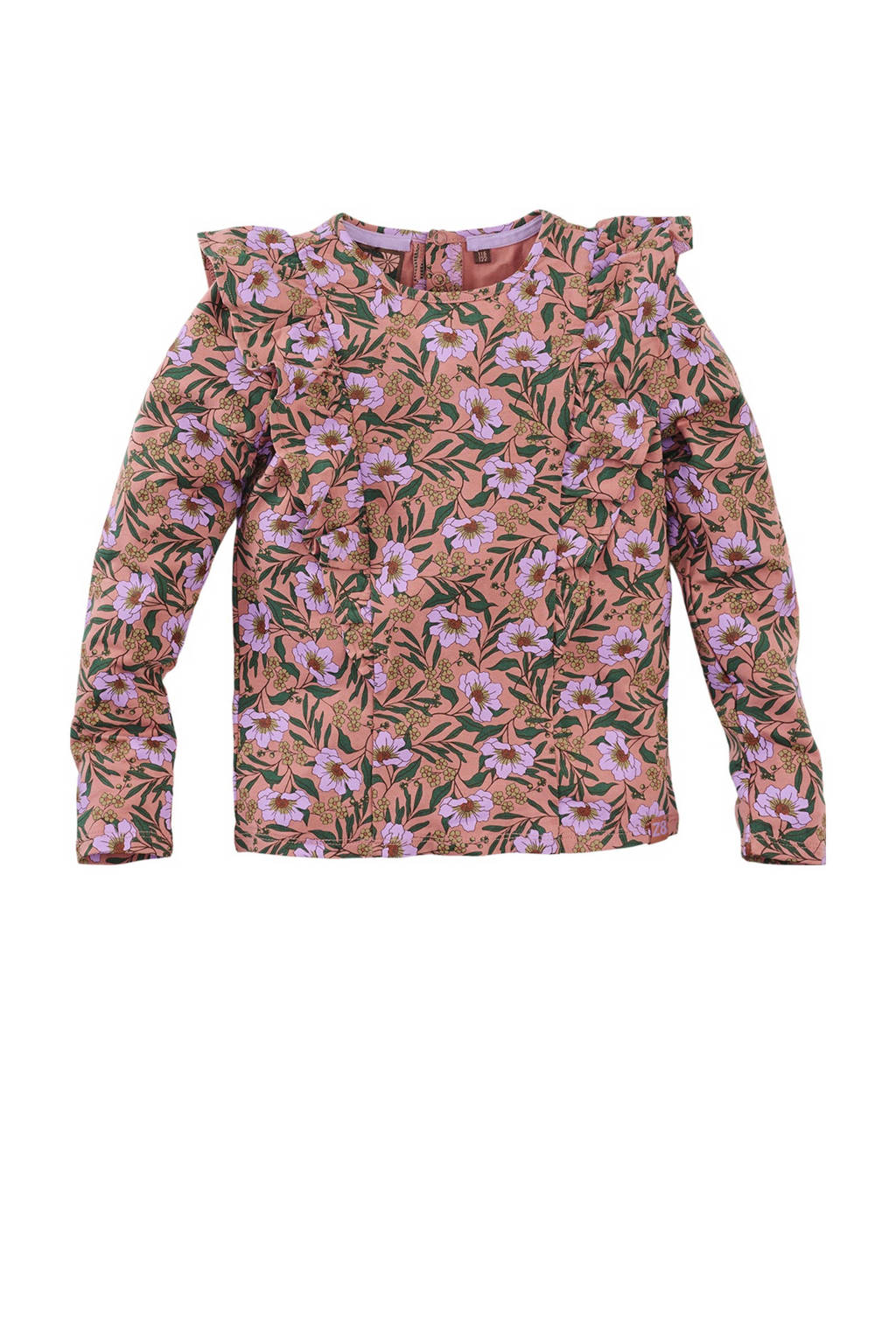 Z8 longsleeve Yelina met ruches zalmroze/roze/groen