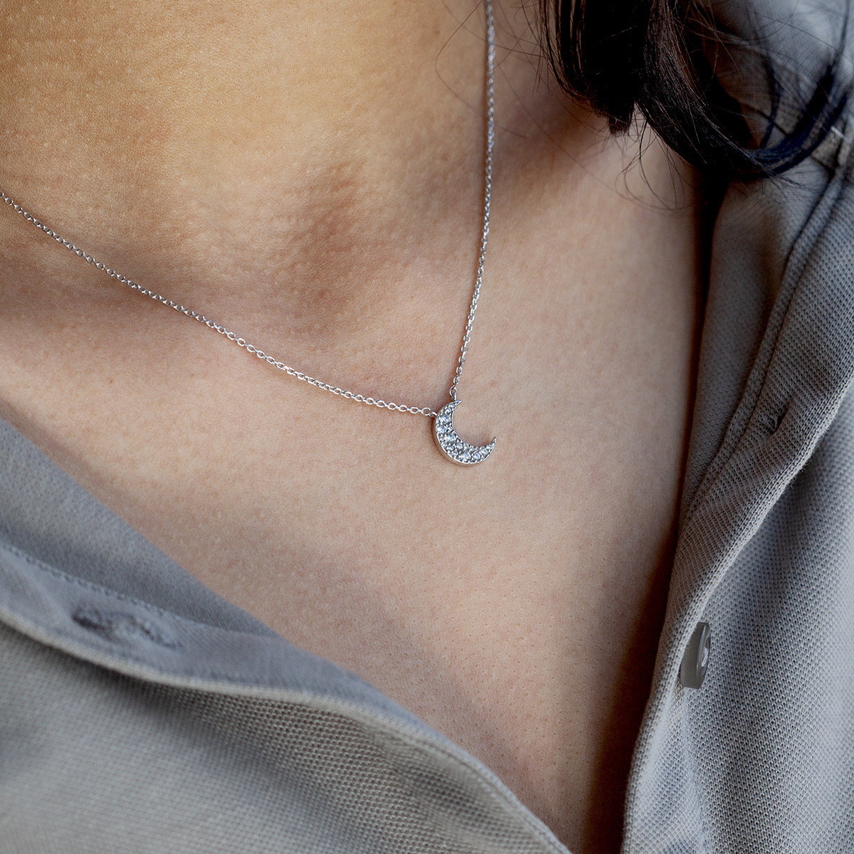 Collier argent 925, motif lune zirconias 45 cm