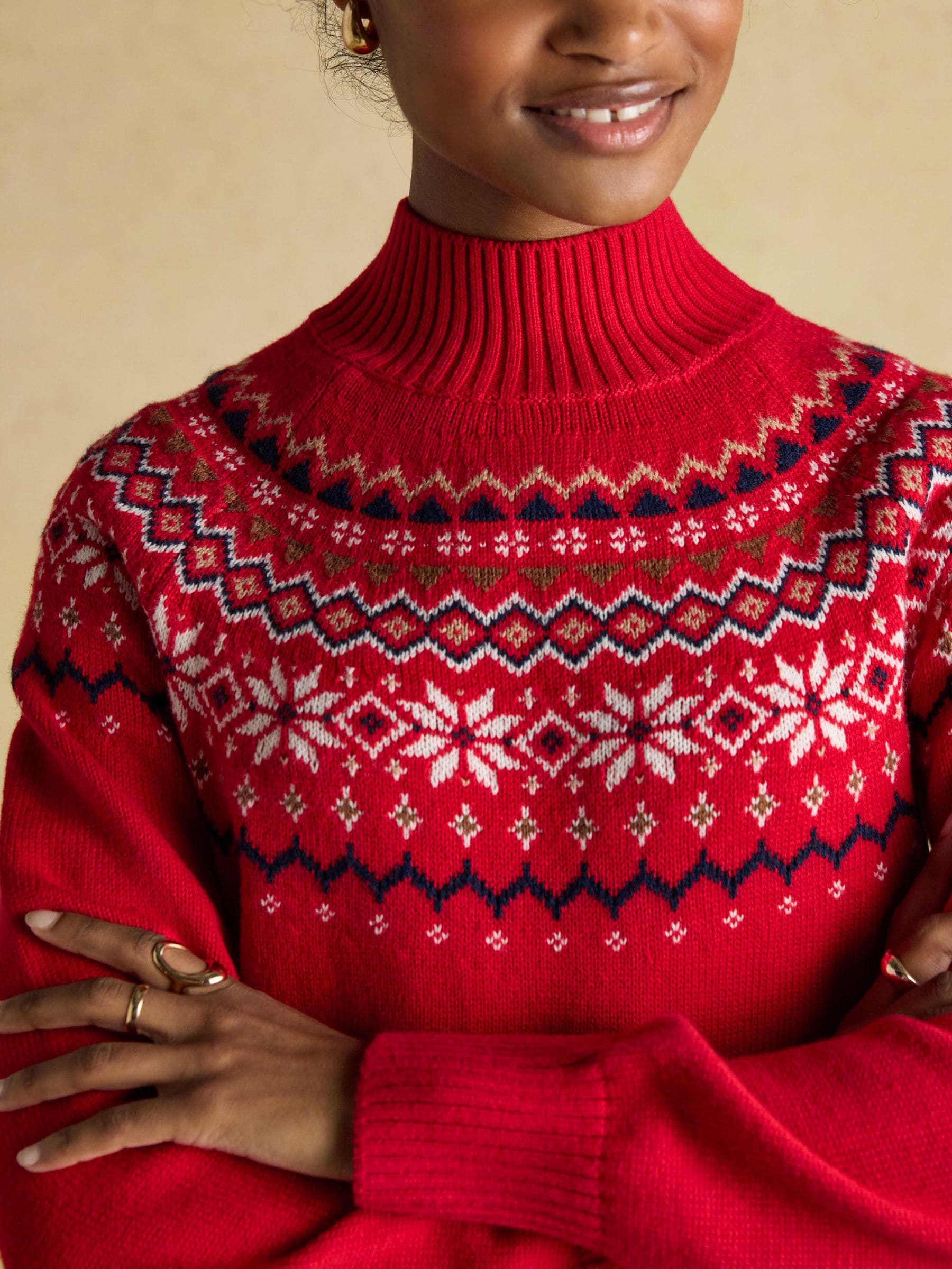 Rood - Joules Alba Fair Isle High Neck Cotton-Blend Jumper