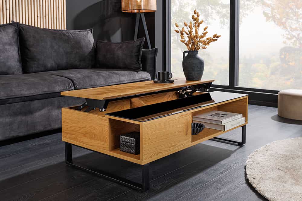 Höhenverstellbarer Couchtisch APARTMENT 110cm natur Eiche schwarz Metall Stauraum