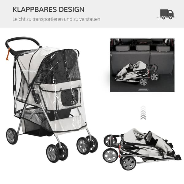 Hundevogn Hundevogn Med Regntrekk, Sammenleggbar Hundevogn Opp Til 20 Kg, Grå, Med Koppholder Og Nettingvindu, 75X45X97Cm