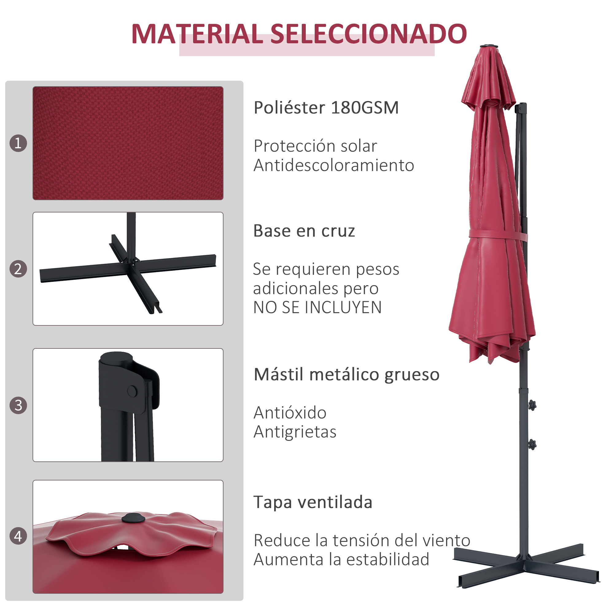 Guarda-sol de jardim Outsunny, vermelho vinho