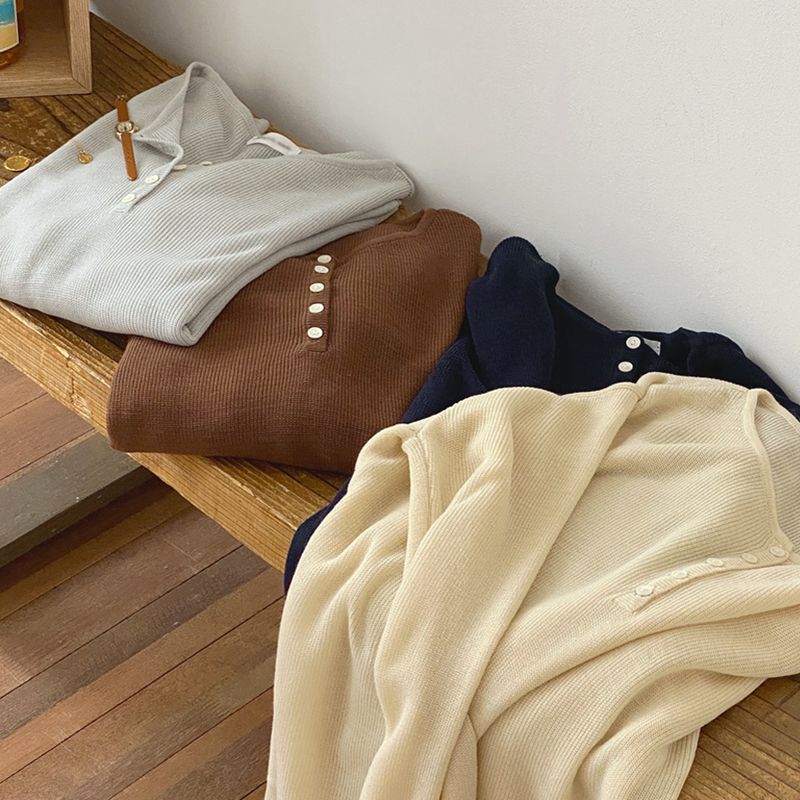 Shinsei - Henley gebreide top met lange mouwen
