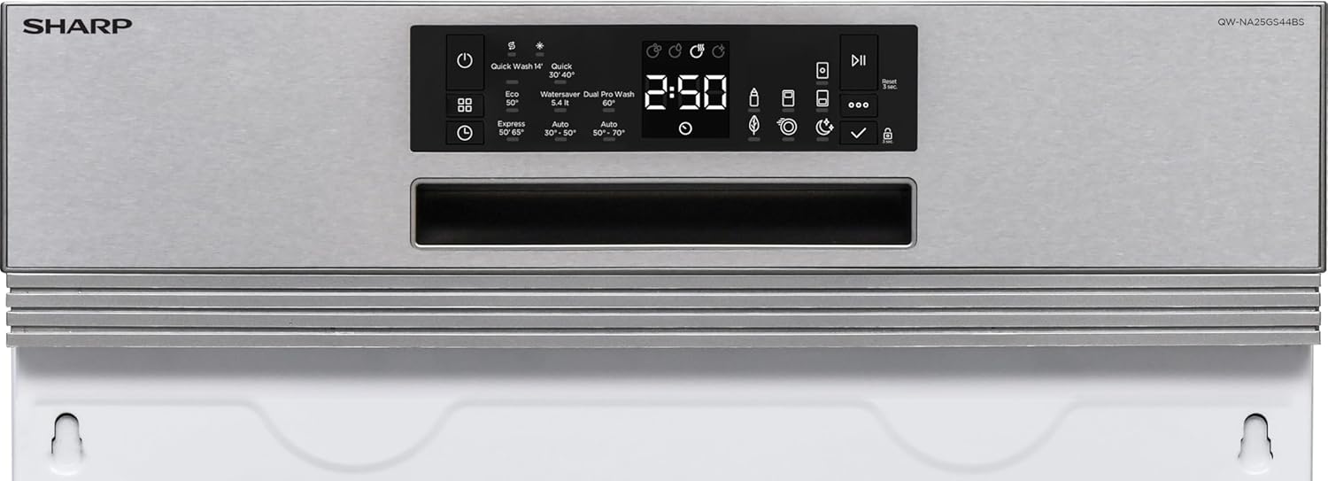 Sharp QW-NA25GS44BS-DE teilintegrierbarer Geschirrspüler, 60 cm, 14 Maßgedecke, Inverter-Motor, 8 Programme inkl. 14 Min. Kurzprogramm, Silber