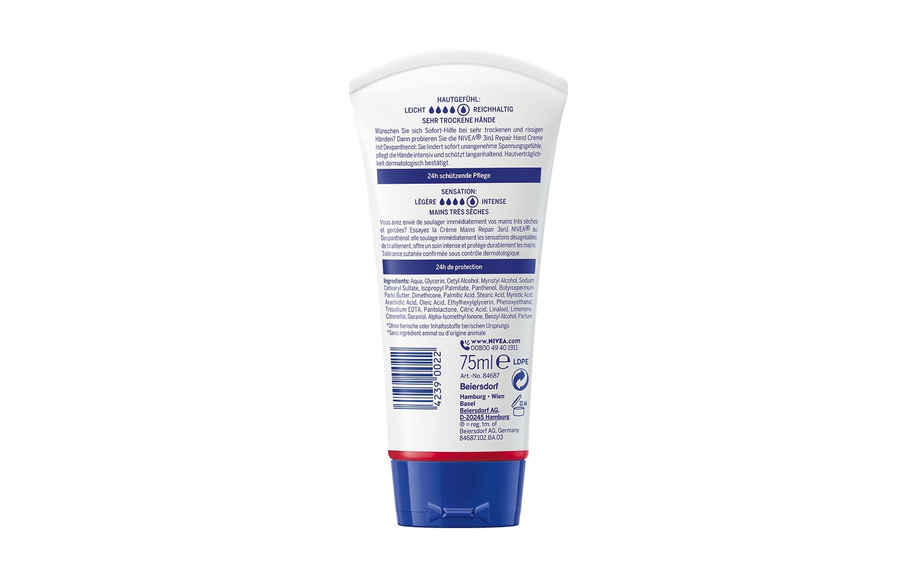Handcrème 3-in-1 Repair 75 mlFeuchtigkeitsspendende Handpflege gegen trockene und rissige Hände