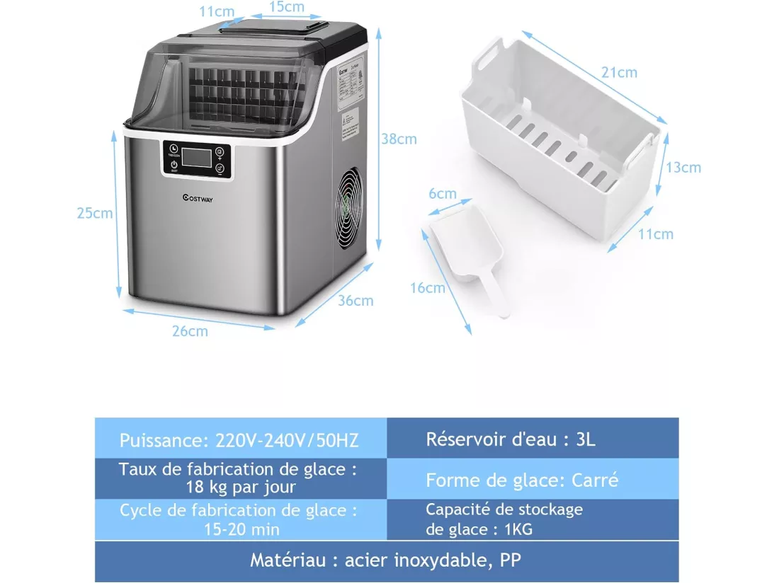 Machine à glaçons 18kg/24 h avec emplacement de bonbonne ecran lcd minuterie pelle auto-nettoyage réservoir d'eau