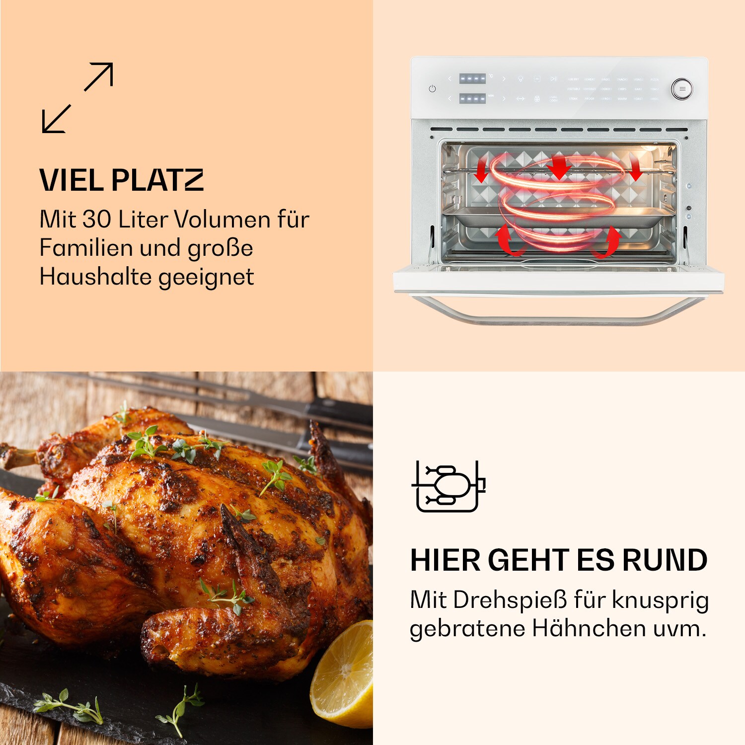 Vigor Air Heißluftfritteuse 1800 W 30 Liter 18 Programme Weiß