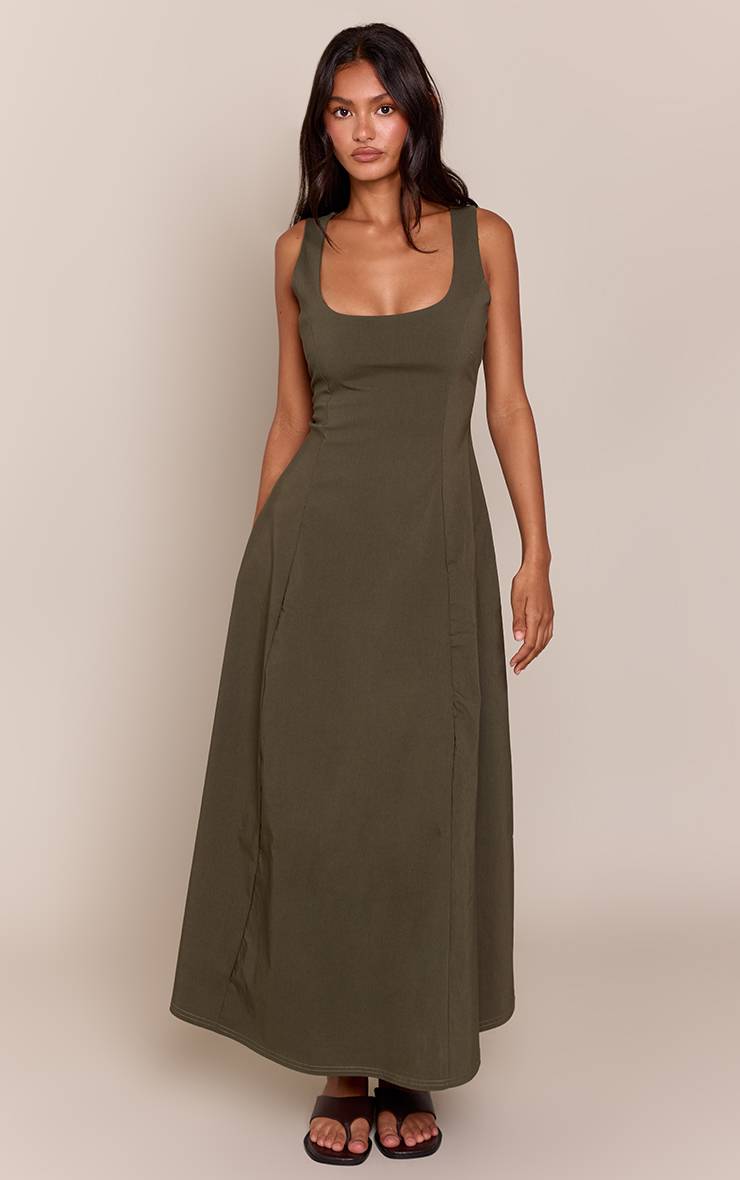 Vert Olive Robe Longue Sans Manches À Encolure Dégagée