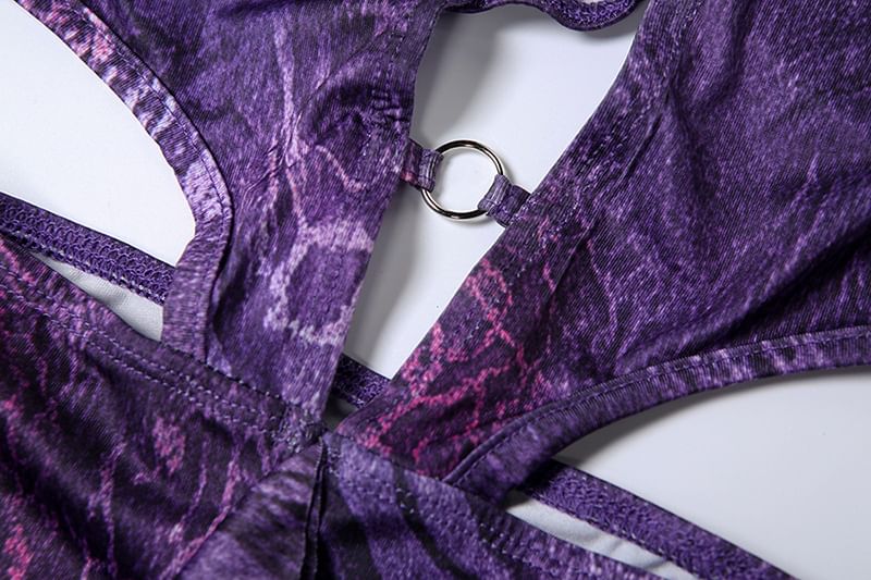 Weaveal - Halter Diep Decolleté Patroon Print Uitsnijding Spleet Paneel Kant Maxi Schede Jurk