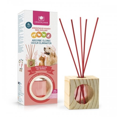 O aromatizador de ambientes Cristalinas, pacote com 2 unidades, absorve odores de animais de estimação e possui fragrância de frutas vermelhas.