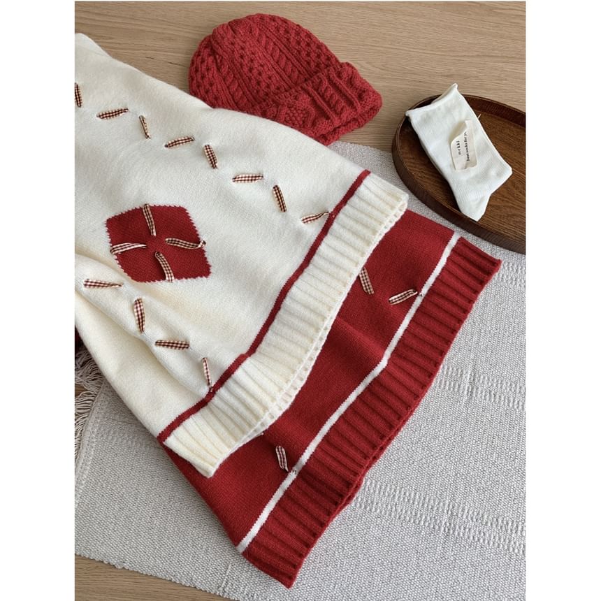 Dute - Argyle oversized trui met ronde hals / geruite mini-A-lijn rok met gemiddelde taille