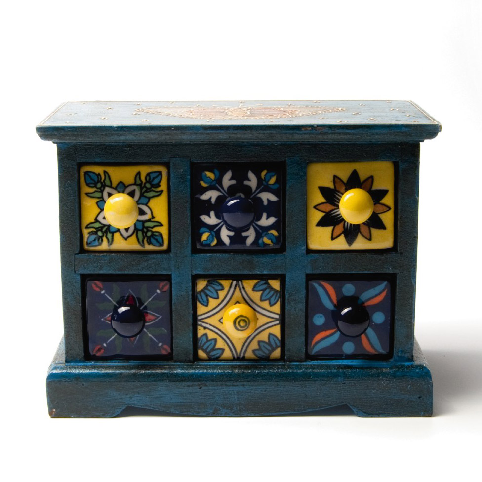 Schubladentruhe mit 6 Schubladen, blau, L 12 cm, B 23 cm, H 18 cm von fischer's lagerhaus