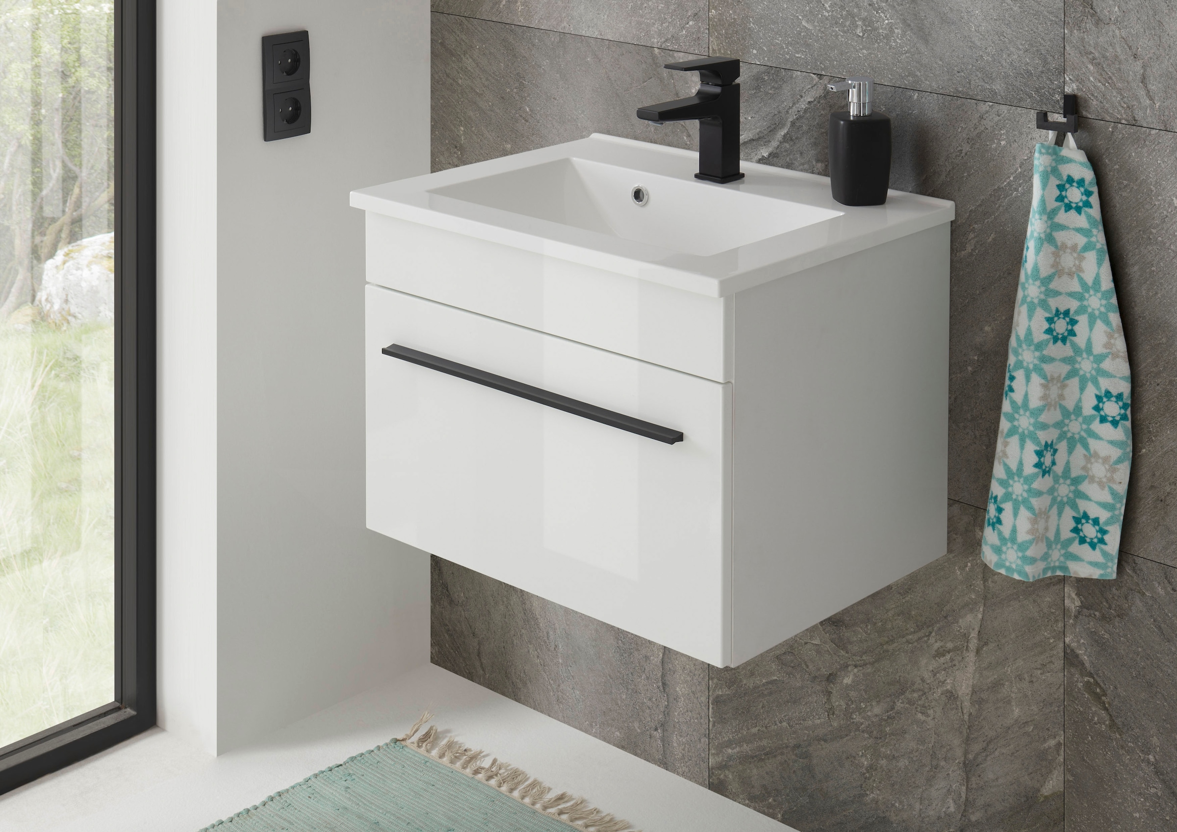 INOSIGN Waschtisch »Cantara, Waschtisch inkl. Waschbecken, modernes Design« mit schwarzem Griff, ausreichend Stauraum