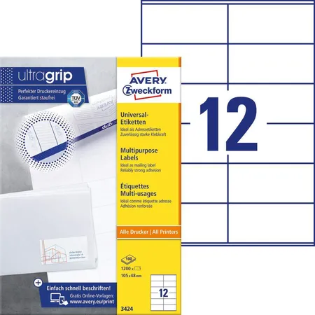 Avery Zweckform 3424 Universal-Etiketten,A4 mit ultragrip,Adressaufkleber 105 x 48 mm, 100 Bogen/1.200 Etiketten, weiß