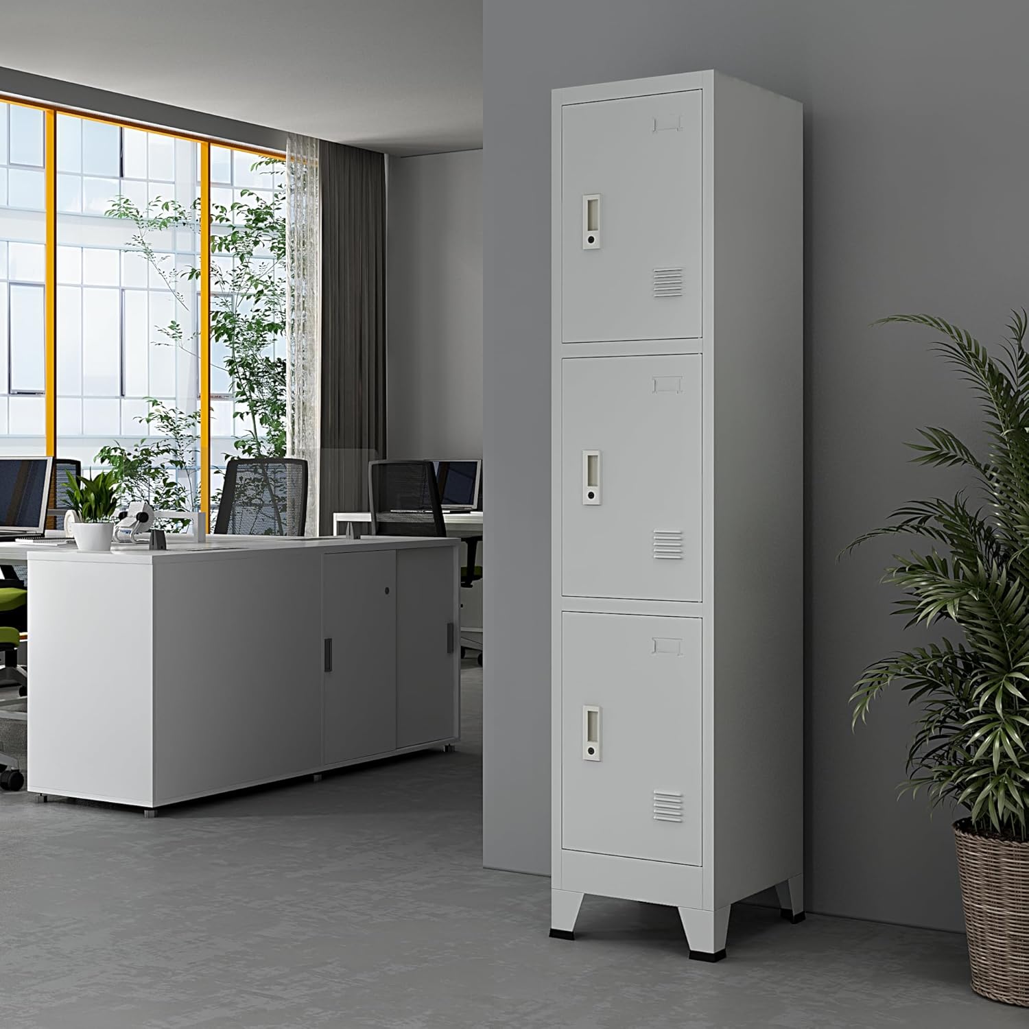 [en.casa] Metallschrank Joroinen Mehrzweckschrank mit 3 Türen Allzweckschrank 180 x 38 x 45 cm Spind Schrank abschließbar Stahlschrank Aufbewahrungsschrank Schließfachschrank Grau