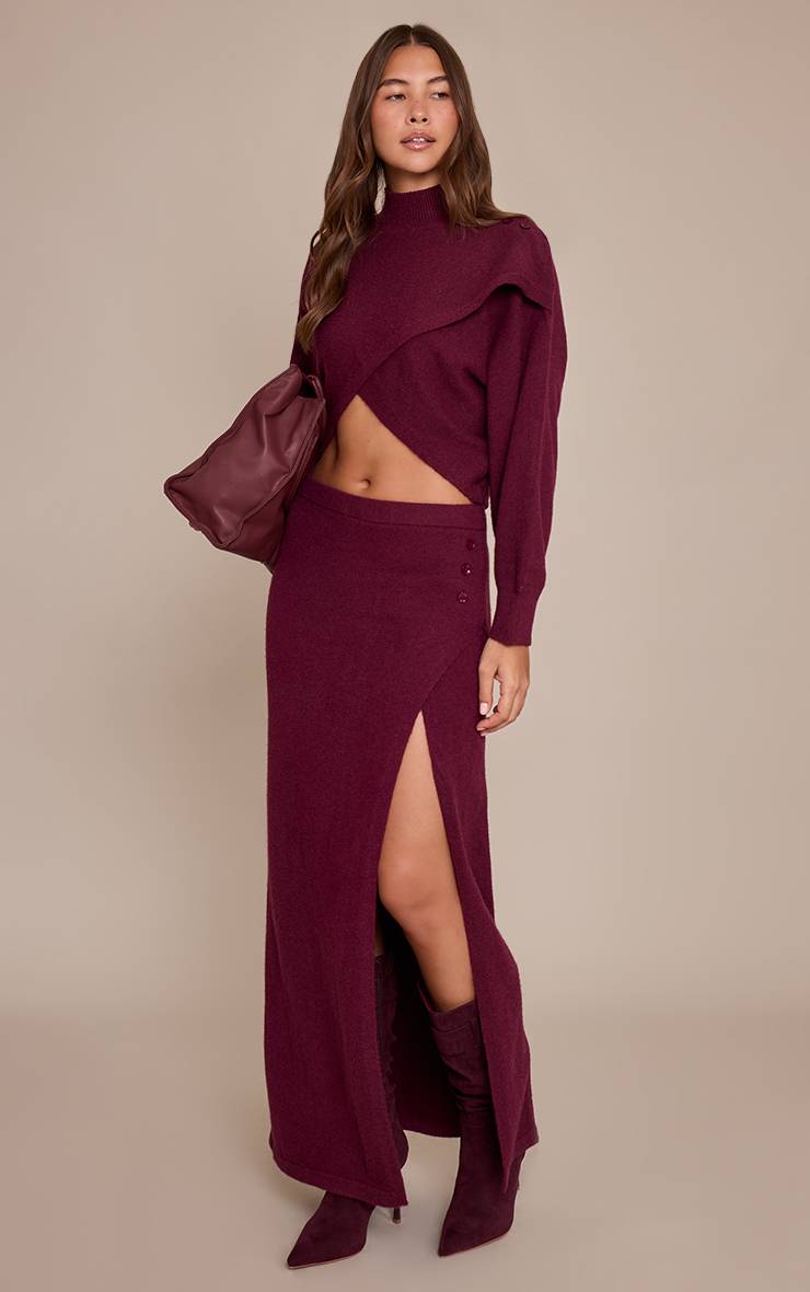 Rouge Bordeaux Jupe Longue Portefeuille En Maille