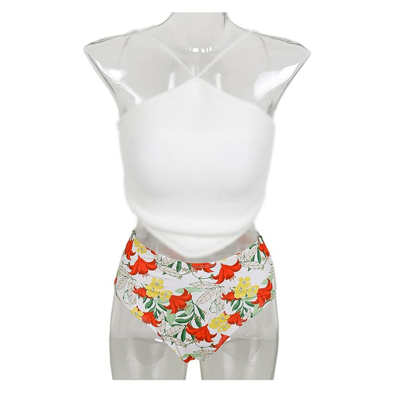 MALILA - Set: Halter Plain Crop Tankini Top + Print Bottom