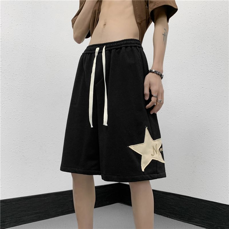 Leyangidy - Effen shorts met hoge taille en trekkoord en sterborduursel