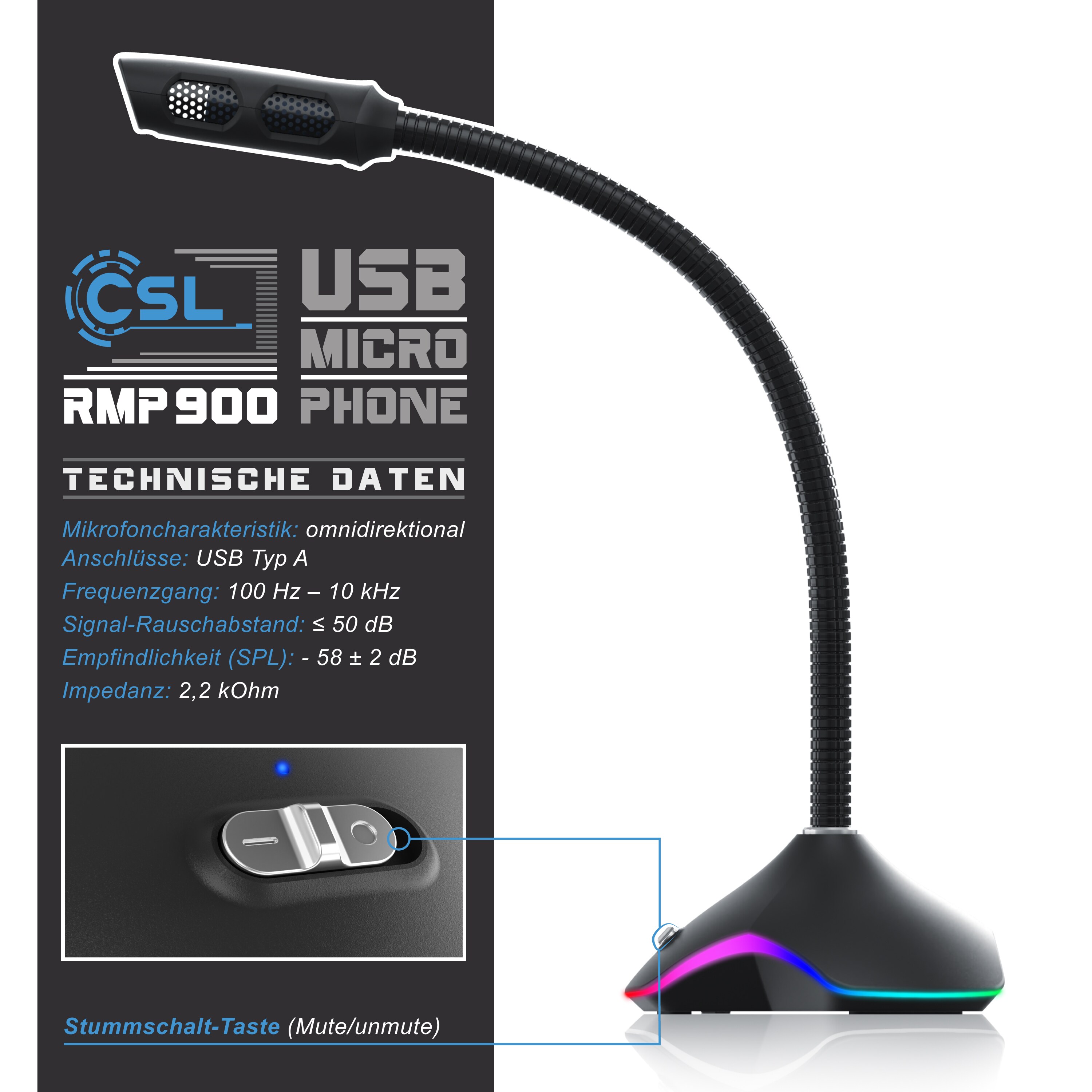 CSL USB Desktop Mikrofon mit RGB Beleuchtung RMP 900 Tischmikrofon / Standmikrofon