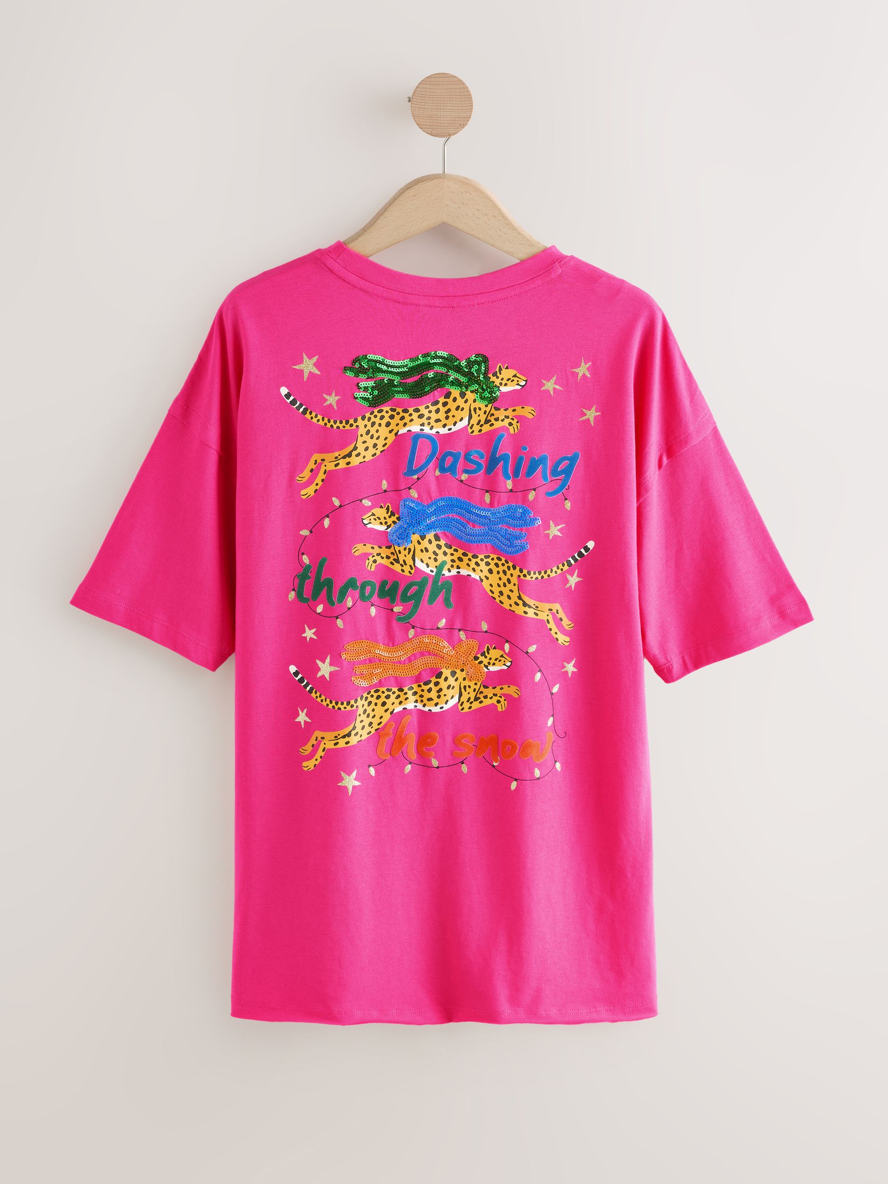 Roze - Feestelijk Kerstmis T-shirt met Korte mouwen, lovertjes en luipaardprint
