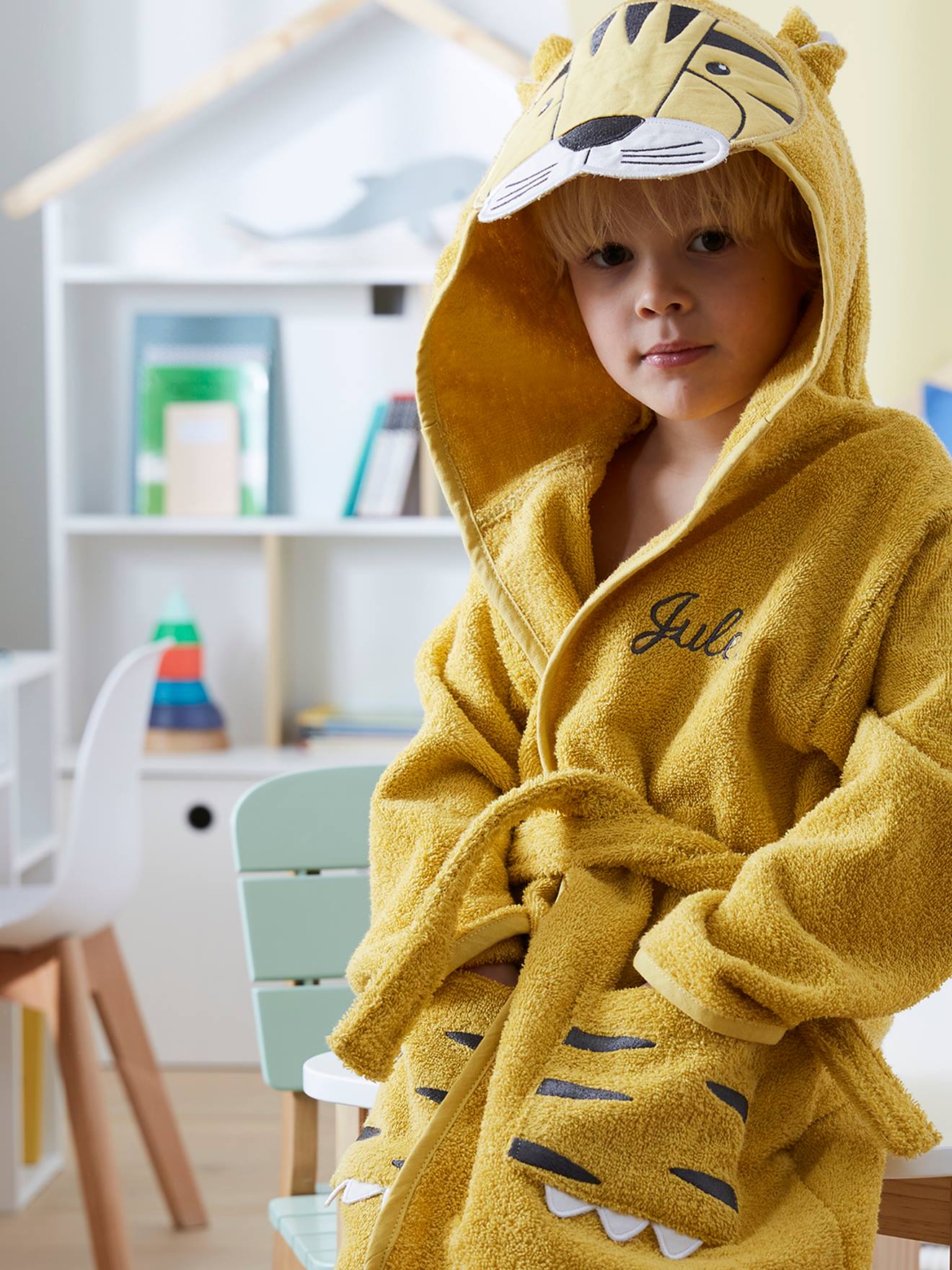 Roupão infantil, tamanho médio, amarelo, estampa de tigre