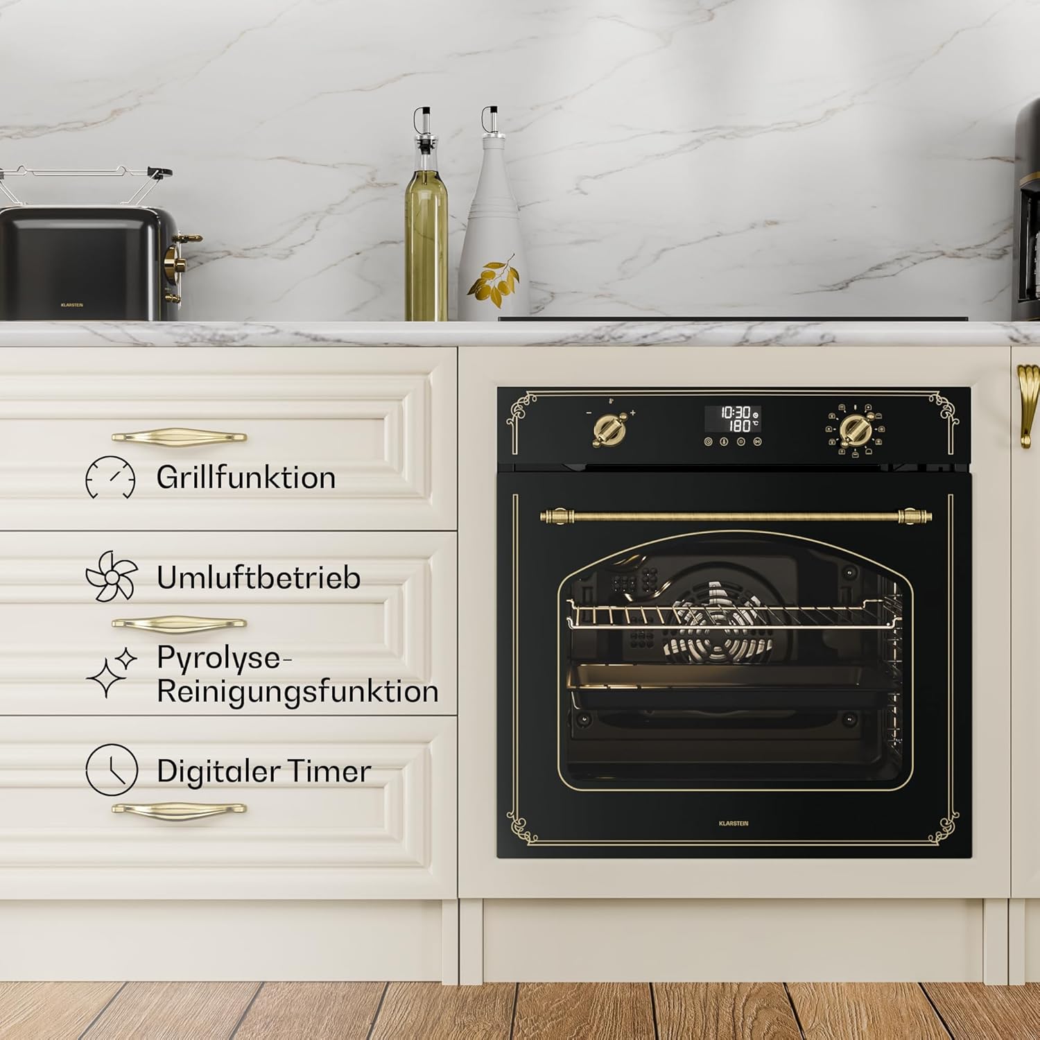Klarstein Victoria Pyro Einbaubackofen 60 cm – 76L, Pyrolyse, 11 Funktionen, Retro Design, Energieklasse A, Timer, Einbau Backofen ohne Kochfeld, Vierfachverglasung, Emaille-Innenraum, Schwarz