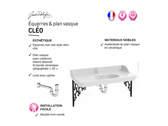 Pack plan vasque suspendu 3 trous JACOB DELAFON Cléo 1889 + mélangeur croisillon chromé + siphon chromé