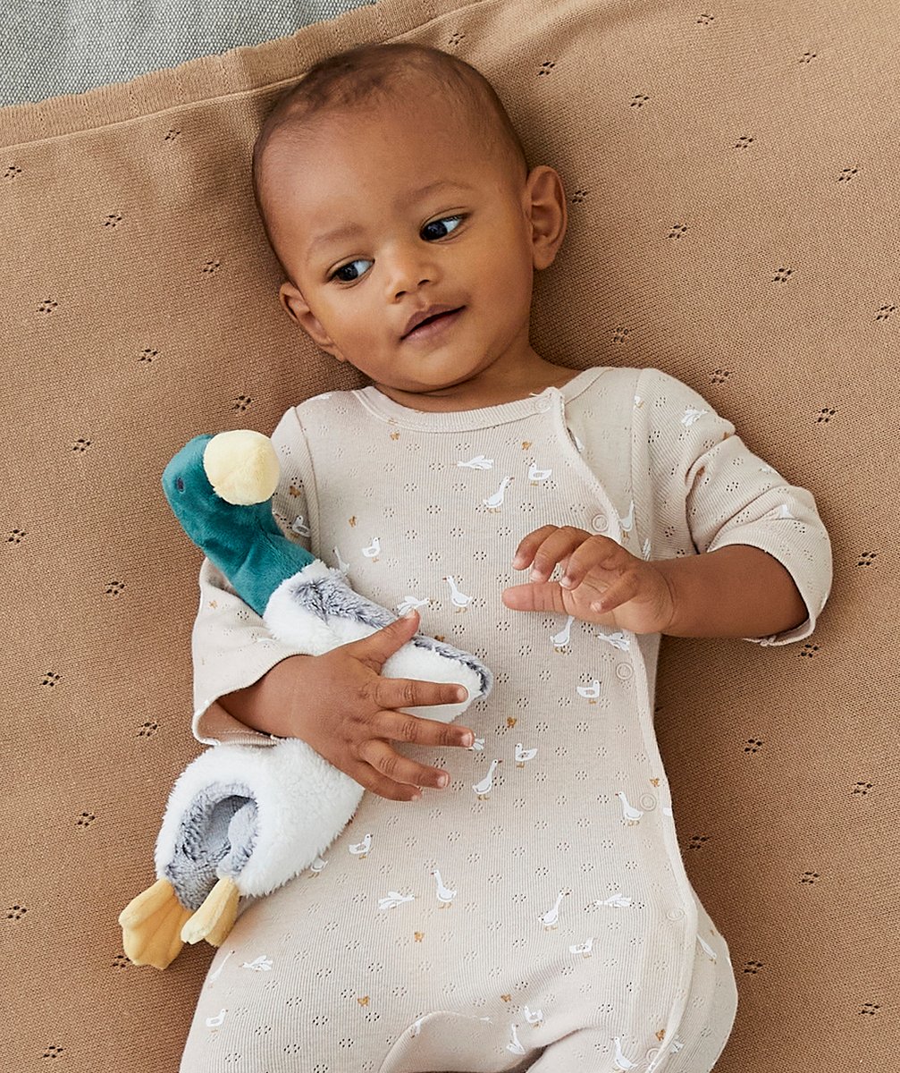 DOUDOU CANARD VERT JAUNE ET GRIS TOUT DOUX