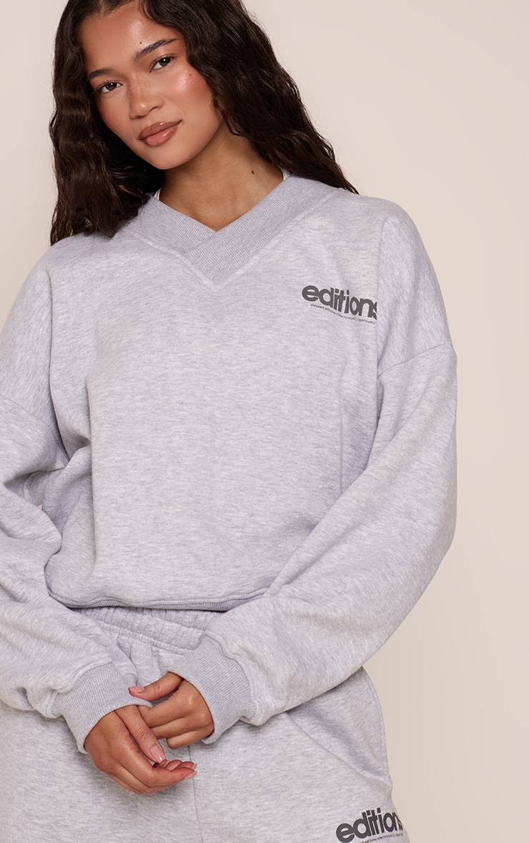 Gris Chiné Sweat-shirt Gris Chiné À Imprimé Editions Col V Épaules Dénudées