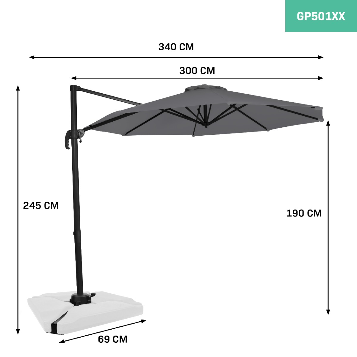 VONROC Bardolino Ø300 cm Premium zweefparasol - Grey