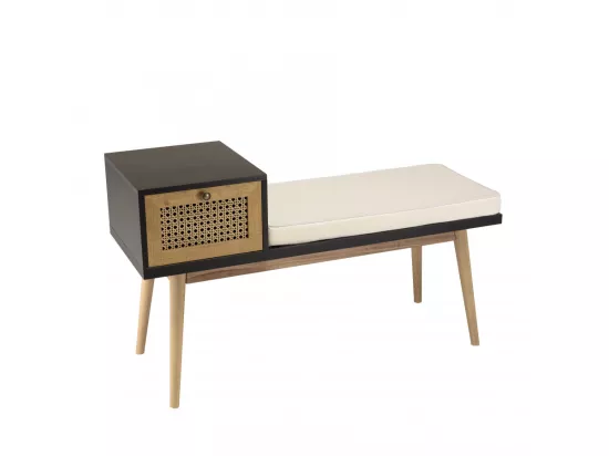 CHARLIE - Banc marron assise noire 1 tiroir effet cannage