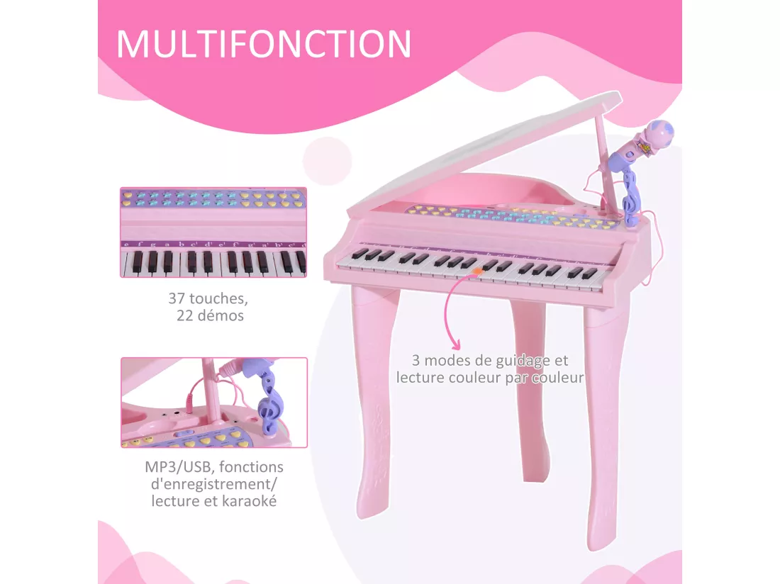 Piano à queue électronique 37 touches multifonctions avec micro haut parleur rose