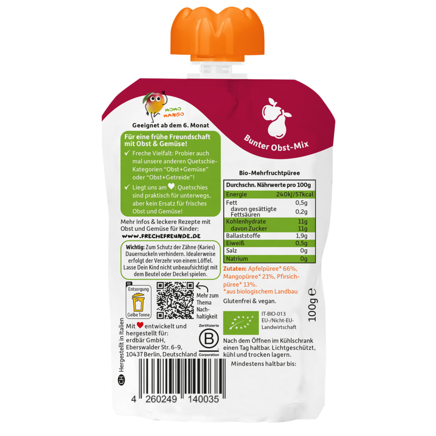Freche Freunde Bio Quetschbeutel Apfel, Mango und Pfirsich 12+ Monate