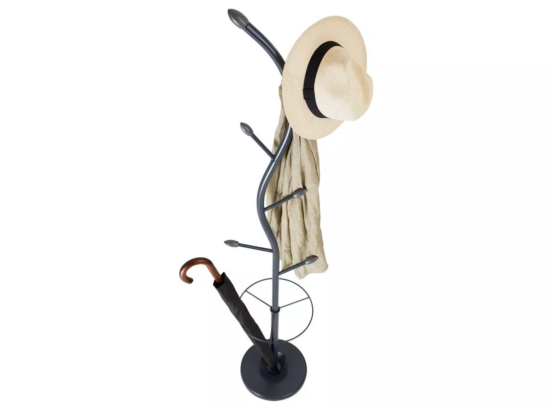 Porte-manteaux TRIANA portant à vêtements sur pied en forme d'arbre avec 6 crochets et un porte parapluie, métal laqué gris et bois
