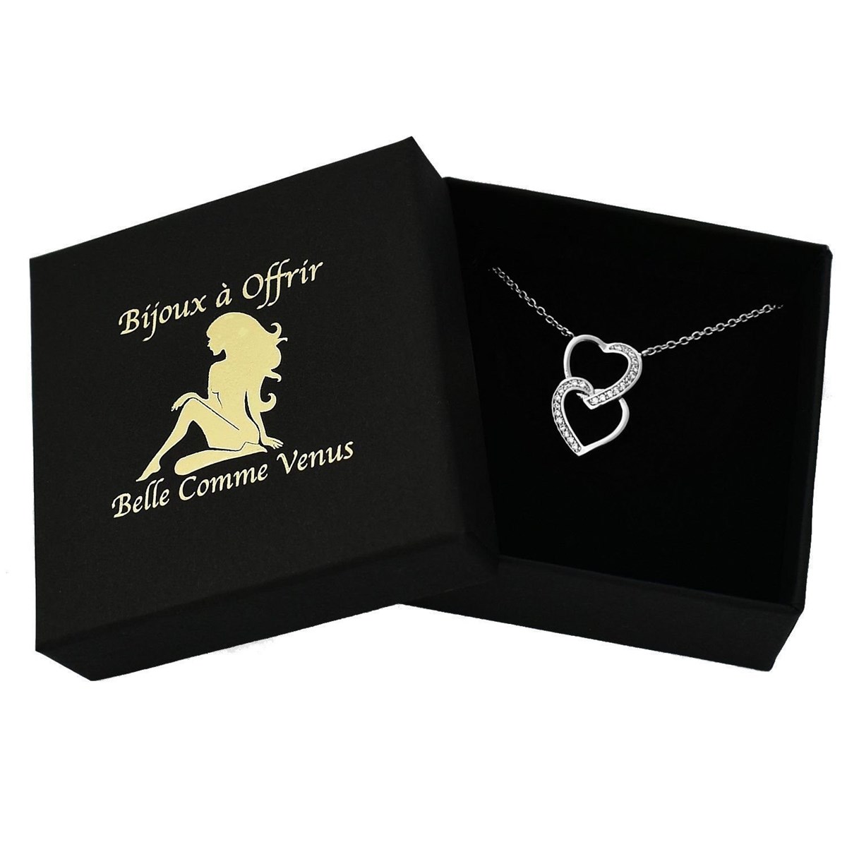 Collier 2 coeurs superposés sertis d'oxyde de zirconium Argent 925 Rhodié