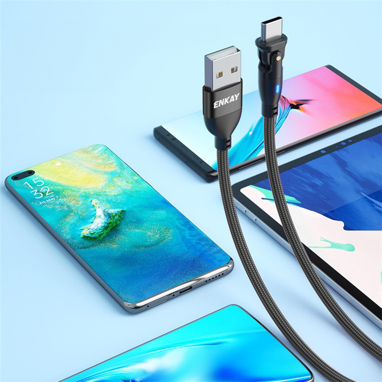 (2m) 3A USB A auf USB C Ladekabel 180° Nylon Datenkabel mit LED - Schwarz