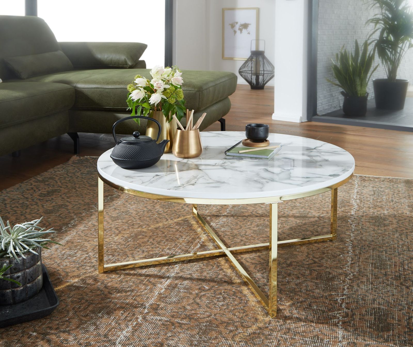 Couchtisch - weiß-gold - Marmor-Optik - 80 cm