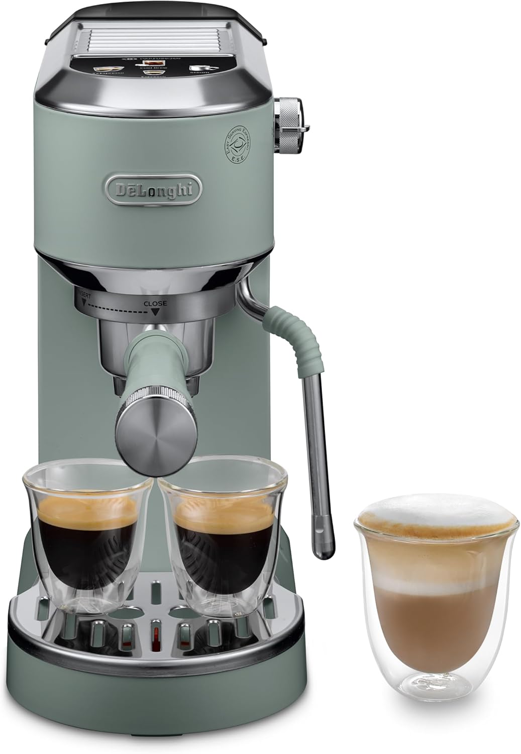 De'Longhi Dedica Duo - Perfetto Kompakte Siebträgermaschine Espressomaschine mit Soft-Touch-Icons, manuellem Milchaufschäumer für Espresso, Cappuccino und Cold Brew, 15cm breit, Grün (EC890.GR)