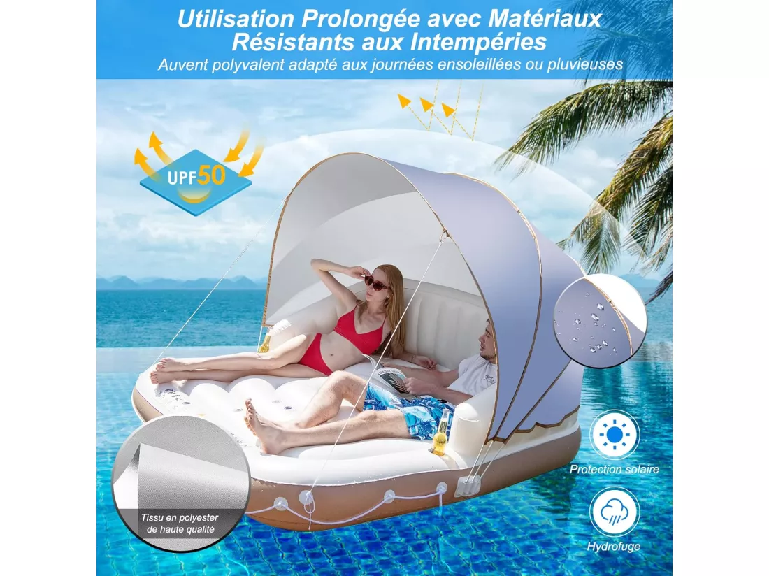 Matelas Gonflable Lounge/Salon de Piscine Flottant 180x180x160CM Charge 200KG avec Accoudoir à Haut Dossier,2 Porte-Gobelets et Auvent Rétractable